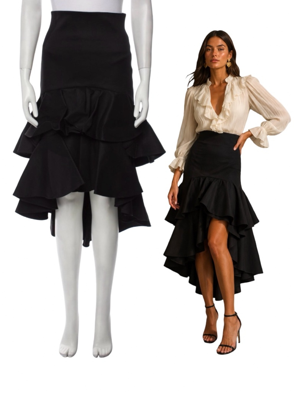 $550 ALEXIS Black Ruffle Embellishment High-Low Midi Skirt Size XS